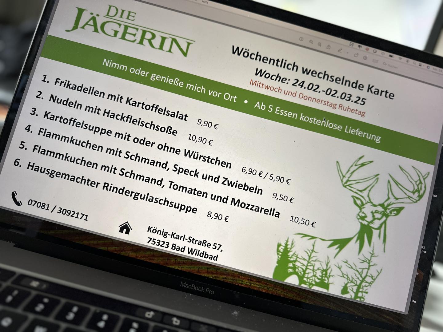 Wöchentlich wechselnde Speisekarte von Die Jägerin